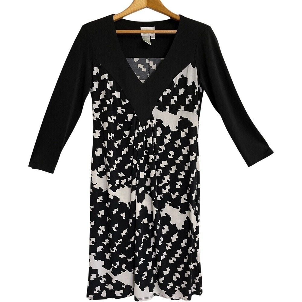 Donna Morgan Sheath Dress Women Size 4 Black White Abstract 3/4 Sleeve V-Neck